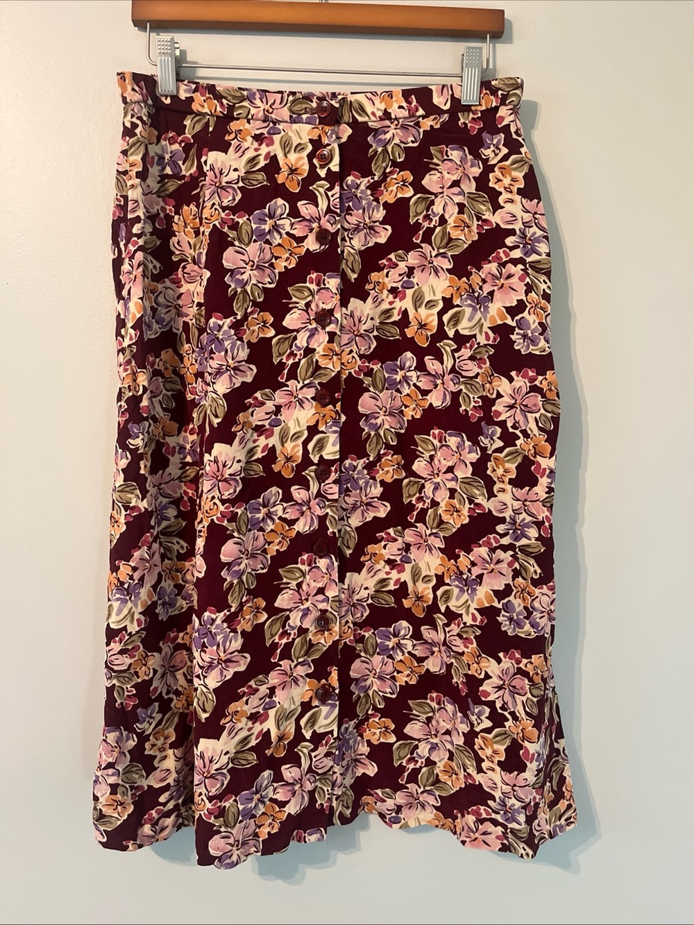 Vintage Orvis Maroon Purple Button Front Tencel Midi Skirt Size 10 CottageCore